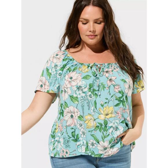 TORRID Women's 3X (3) Blue Floral Boho Rayon Slub Flutter Short Sleeve Blouse - Picture 2 of 12